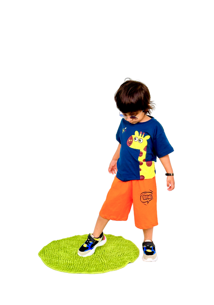 Yellow Giraffe Blue printed T shirt round neck with Orange BANG printed short
