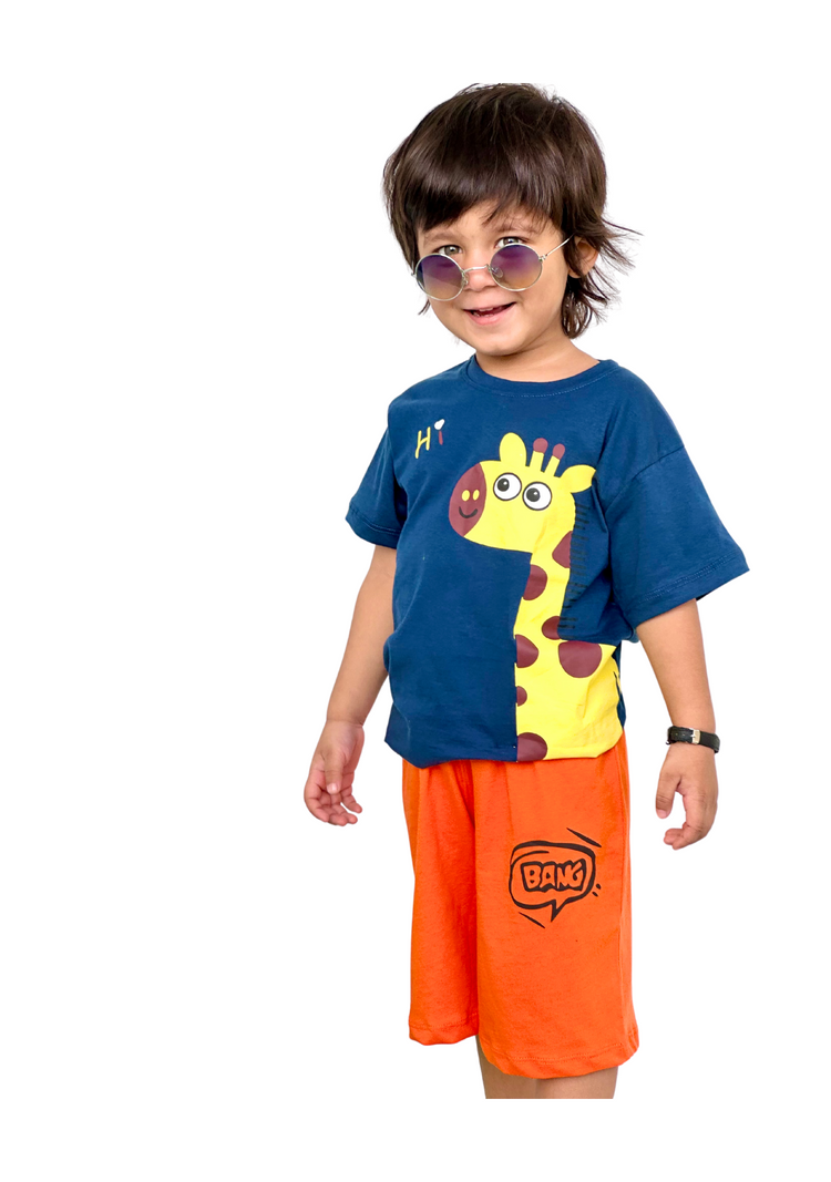 Yellow Giraffe Blue printed T shirt round neck with Orange BANG printed short