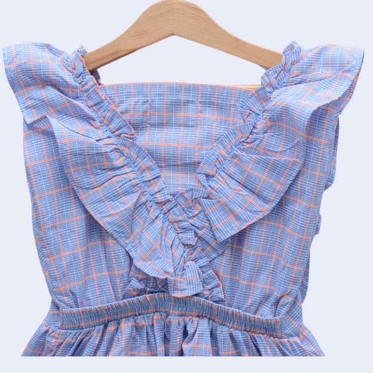 Check Stylish Frill Frock-Front Neck