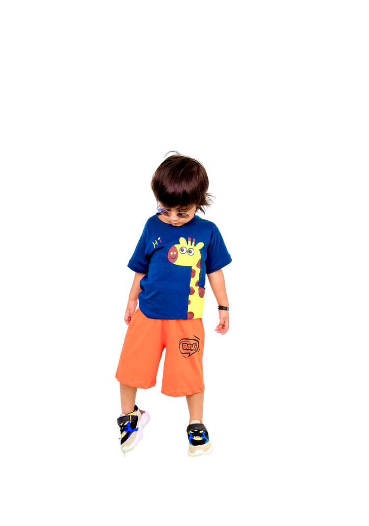 Yellow Giraffe Blue printed T shirt round neck with Orange BANG printed short
