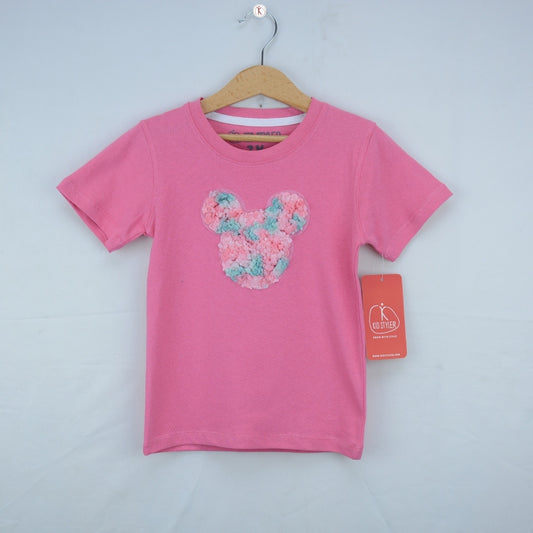 Pink Plain T Shirt with Mickey Cute Patch