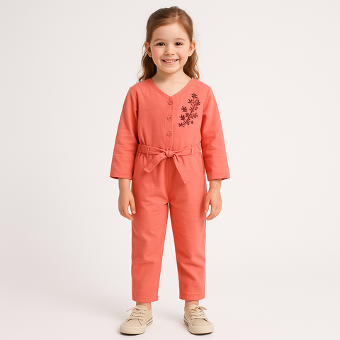 Coral Pink Belted Girls Jumpsuit with Embroidery