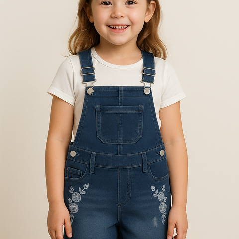 Girls’ Floral Embroidered Denim Shortalls – Summer Dungaree