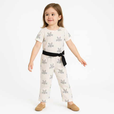 Girls Cotton Jumpsuit – Cat Print with Belt