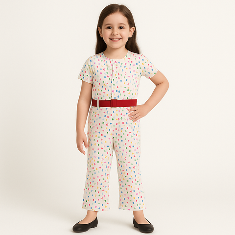 White Polka Dot Girls Jumpsuit with Red Belt