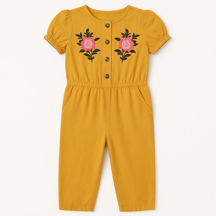 Mustard Floral Embroidered Jumpsuit for Girls