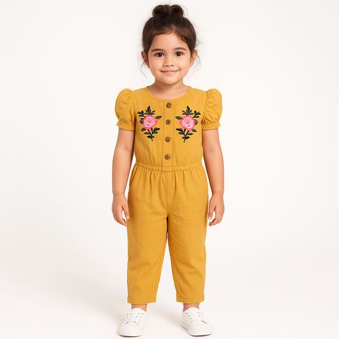 Mustard Floral Embroidered Jumpsuit for Girls