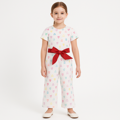 🎀 Rainbow Hearts Jumpsuit with Bow Belt – Girls