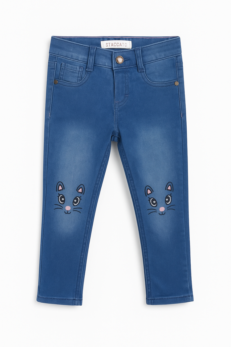 Navy Blue Stretch Jeans with Embroidered Kitty Face – Girls Denim Style