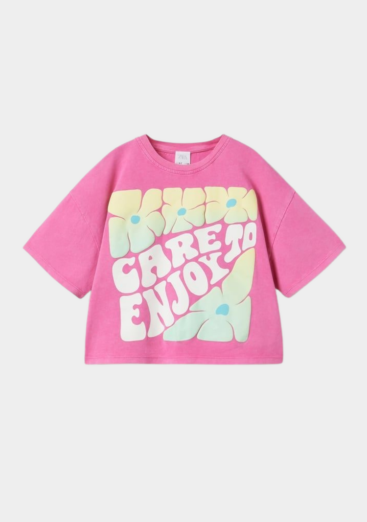 Pink Embossed Floral Care to Enjoy T-Shirt for Girls - Front