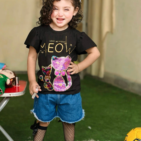 Black Sequin Cat Patch T Shirt