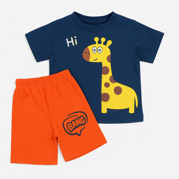Yellow Giraffe Blue printed T shirt round neck with Orange BANG printed short