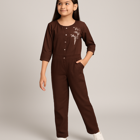 Dark Brown Girls Jumpsuit with Embroidered Detail