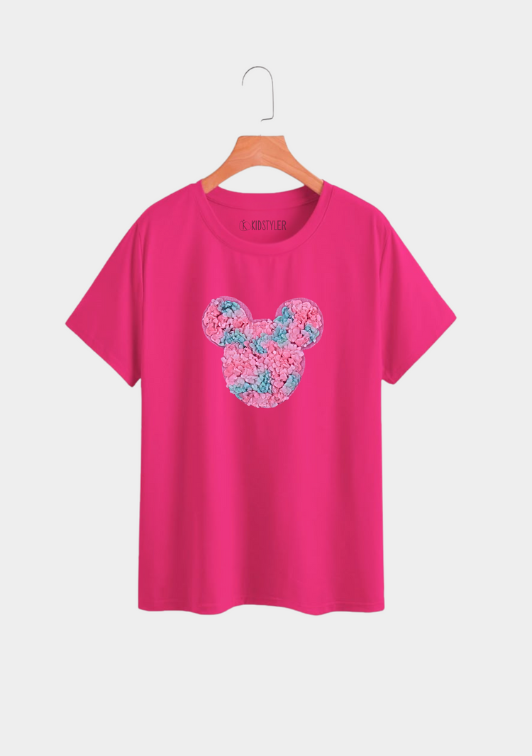 Pink Plain T Shirt with Mickey Cute Patch-Front