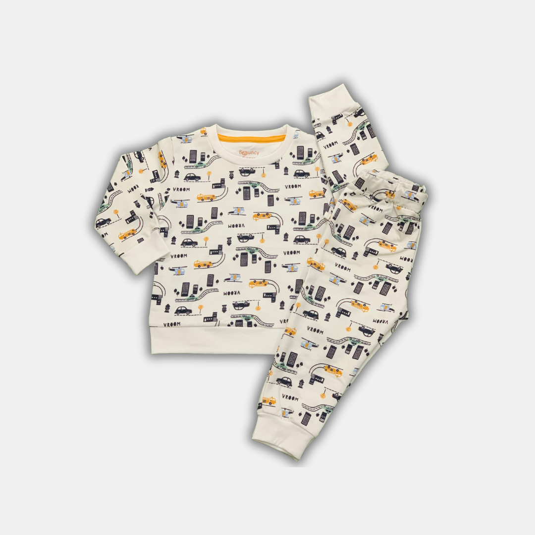 White Pajama Set of Car Building VROOM