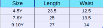 Size chart