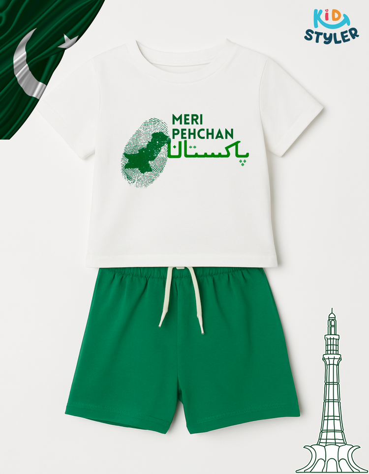 Meri Pehchan Pakistan White Shirt & Green Short – Kids Azadi Outfit