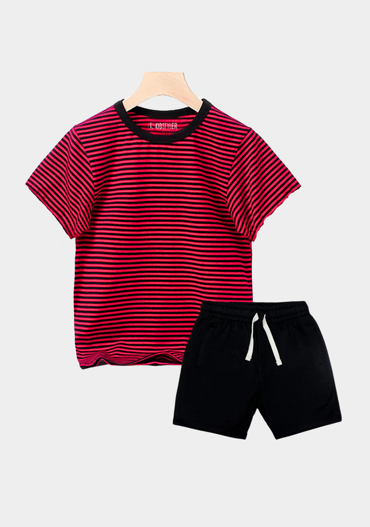 Plain Black Strip Tee & Short Set