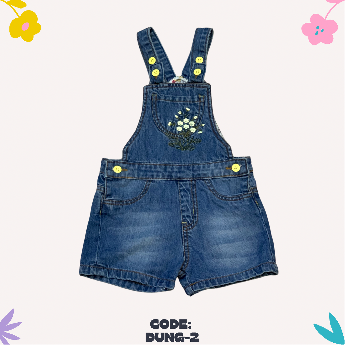 Light Blue Embroidered Pocket Half Dungaree