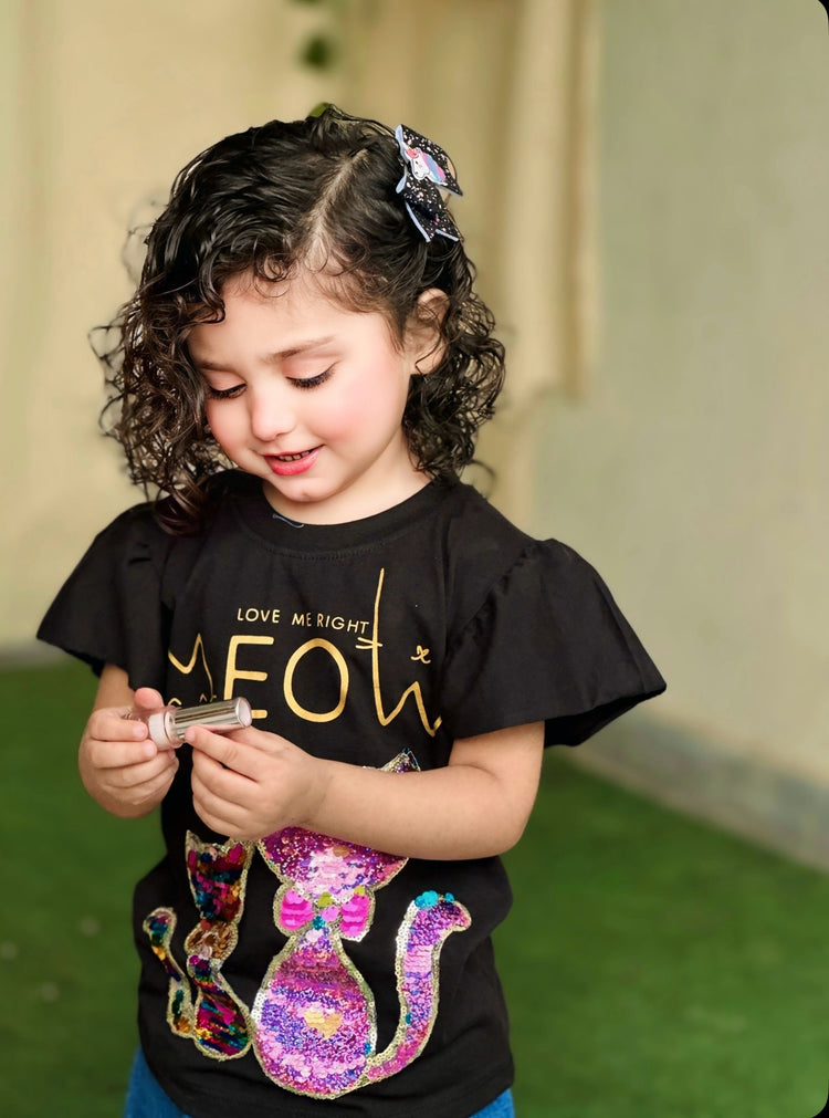 Black Sequin Cat Patch T Shirt