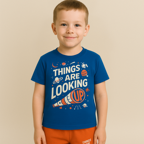 Kids Space-Themed Half-Sleeve T-Shirt – “Things Are Looking Up”