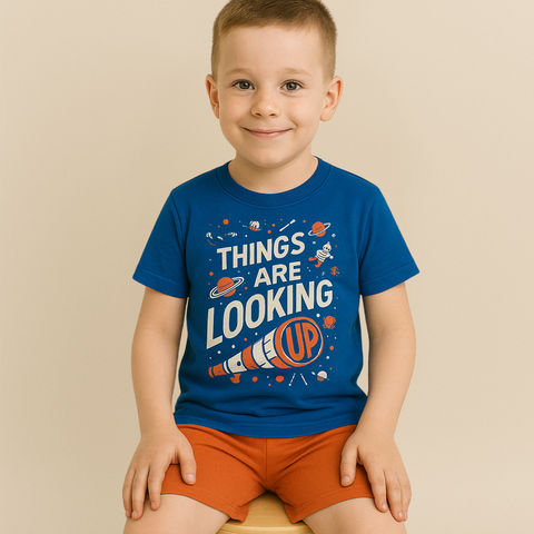 Kids Space-Themed Half-Sleeve T-Shirt – “Things Are Looking Up”