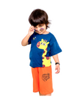 Yellow Giraffe Blue printed T shirt round neck with Orange BANG printed short