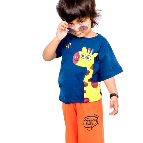 Yellow Giraffe Blue printed T shirt round neck with Orange BANG printed short