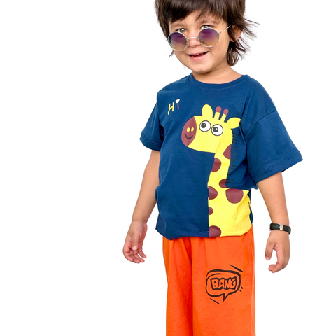 Yellow Giraffe Blue printed T shirt round neck with Orange BANG printed short