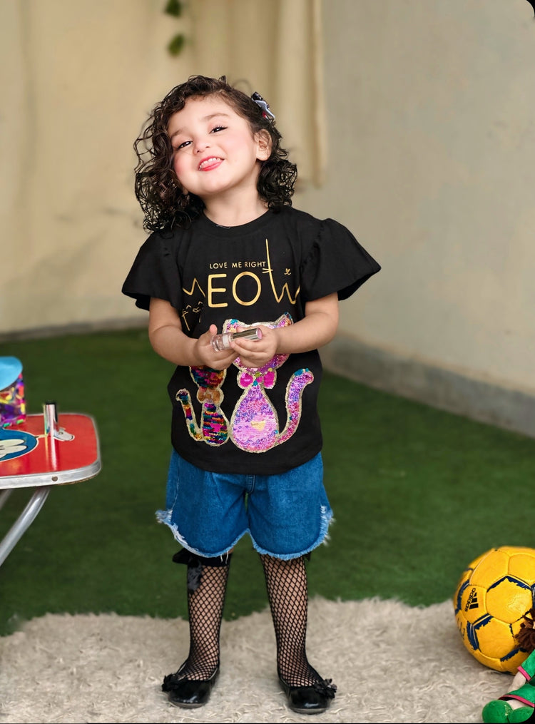 Black Sequin Cat Patch T Shirt