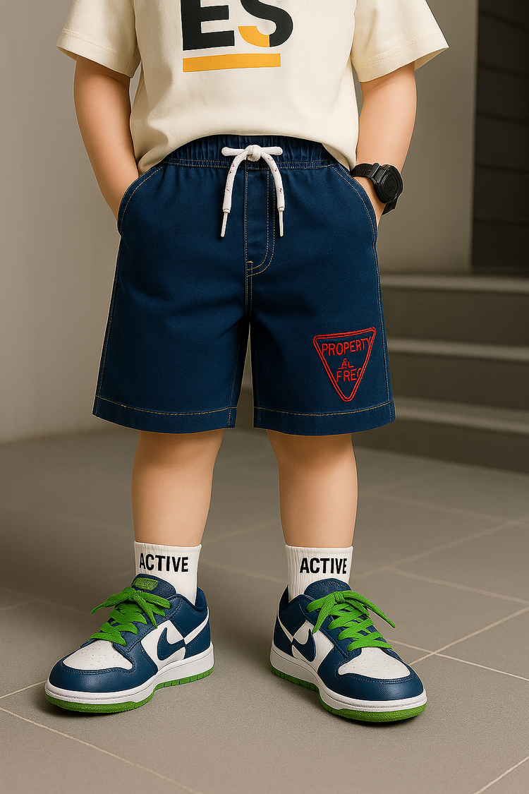 Dark Wash Denim Shorts with Drawstring & Patch – Short