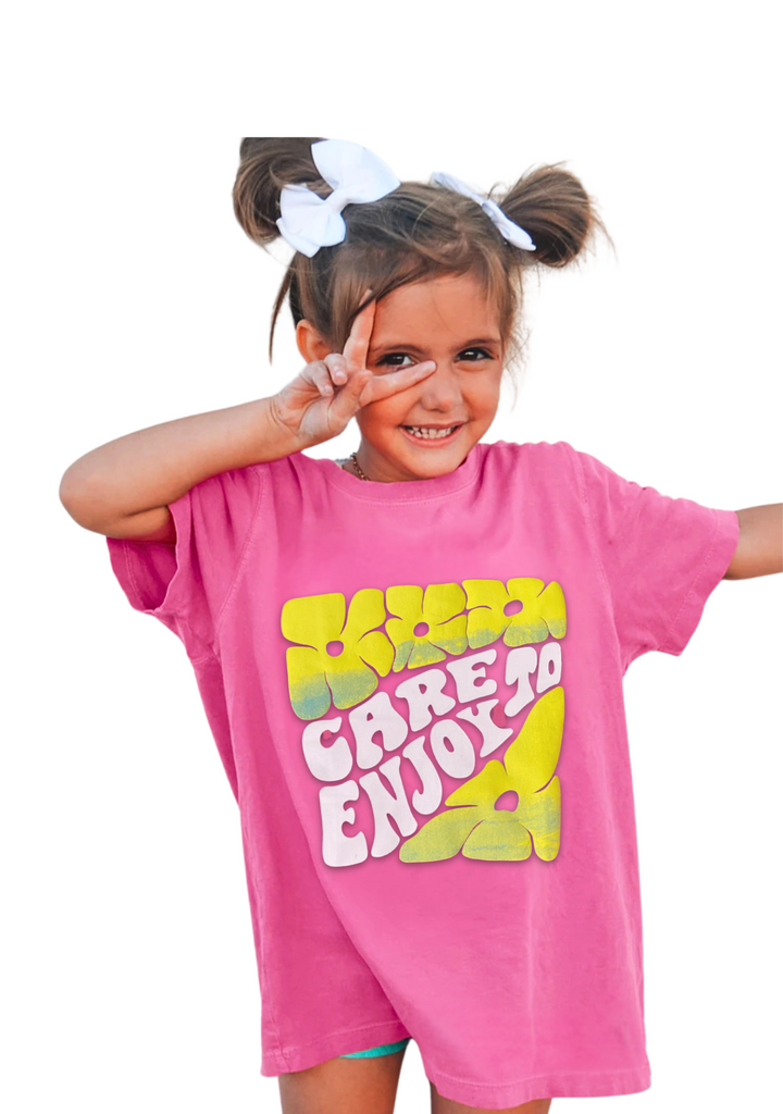 Pink Embossed Floral Care to Enjoy T-Shirt for Girls