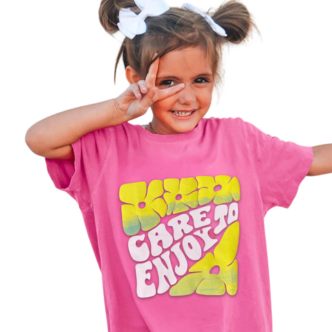 Pink Embossed Floral Care to Enjoy T-Shirt for Girls