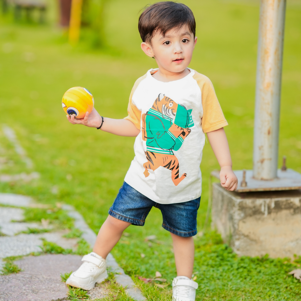 Smart Tiger Tee – Mustard Sleeves | Kid Styler