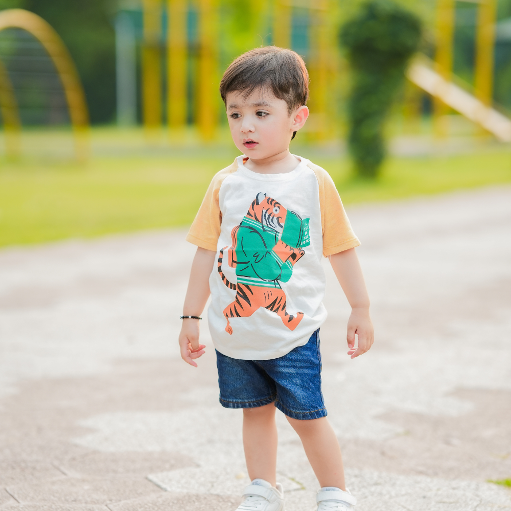 Smart Tiger Tee – Mustard Sleeves | Kid Styler