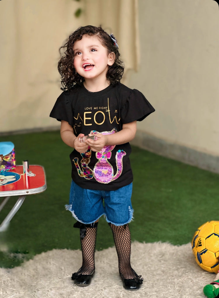 Black Sequin Cat Patch T Shirt
