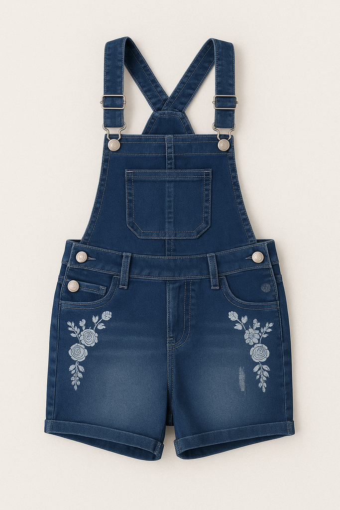 Girls’ Floral Embroidered Denim Shortalls – Summer Dungaree