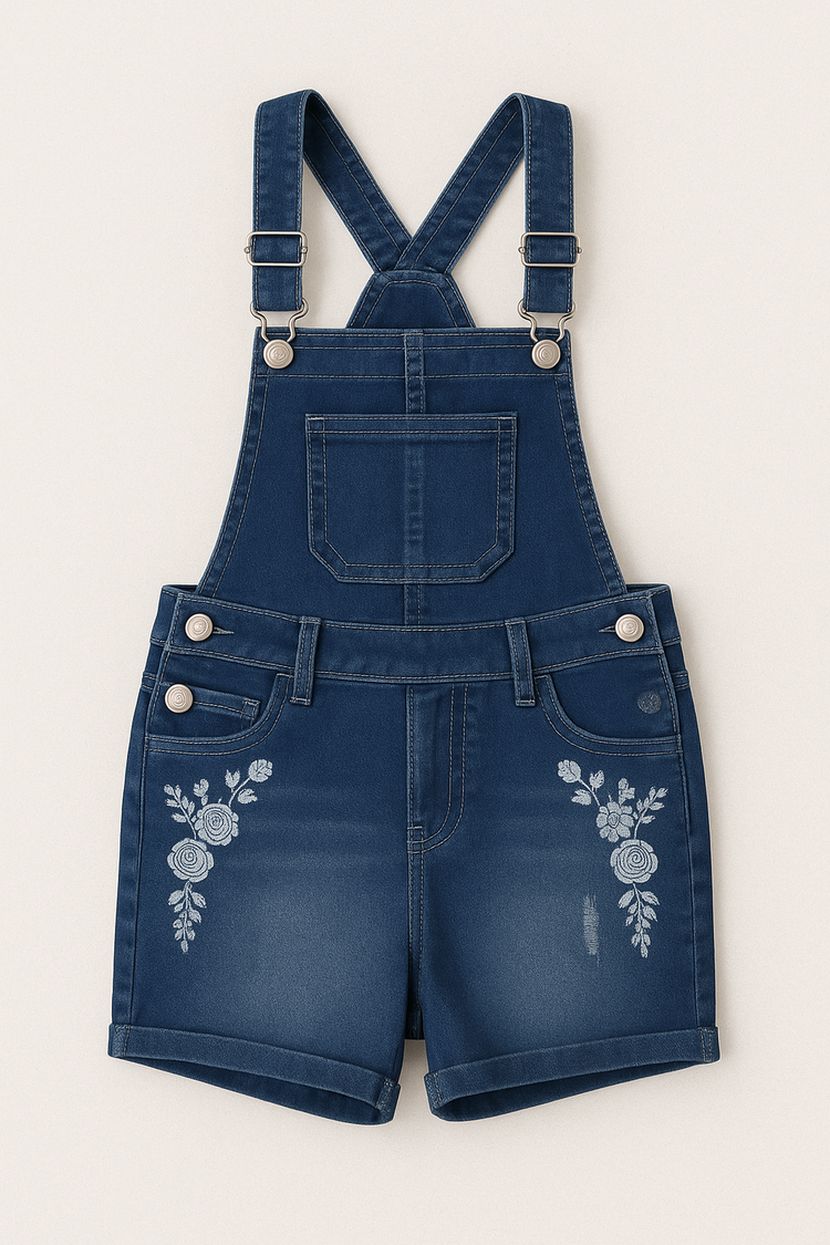 Girls’ Floral Embroidered Denim Shortalls – Summer Dungaree