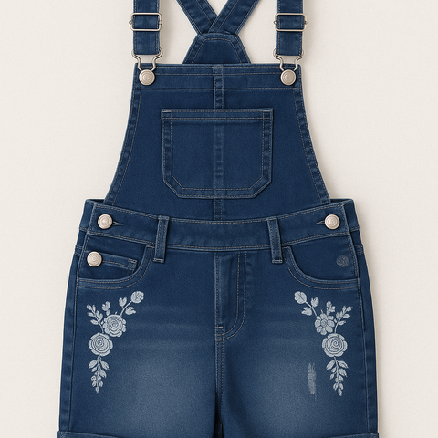 Girls’ Floral Embroidered Denim Shortalls – Summer Dungaree