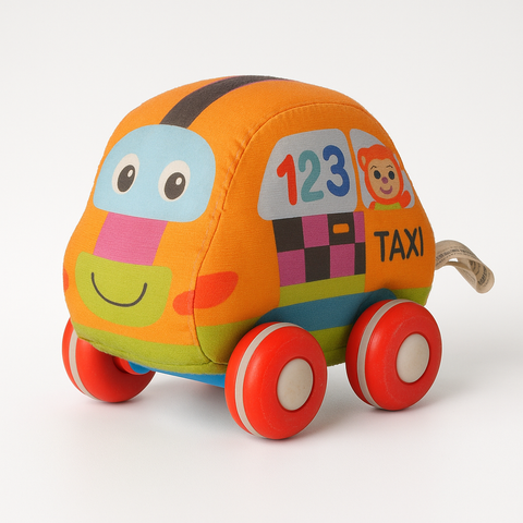 Slightly Used Plush Taxi Toy with Red Wheels – Soft & Colorful
