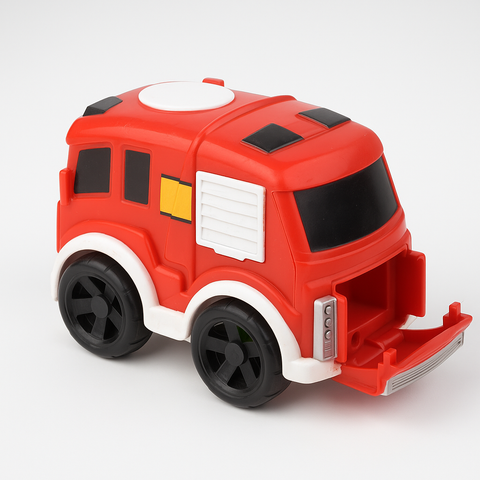 Slightly Used Red Toy Fire Truck – Durable Plastic with Rolling Wheels