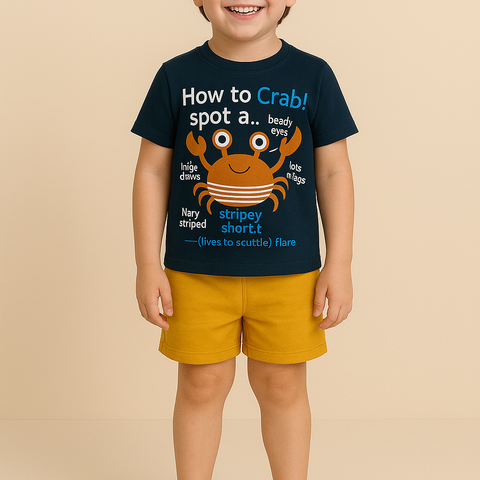 Crabby Cutie Kids Summer Set – Navy Crab Print T-Shirt & Mustard Shorts