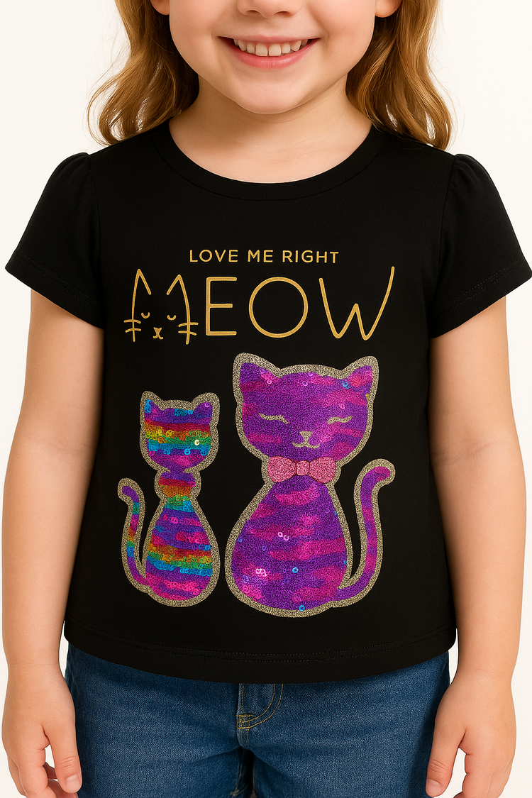 Black Sequin Cat Patch T Shirt
