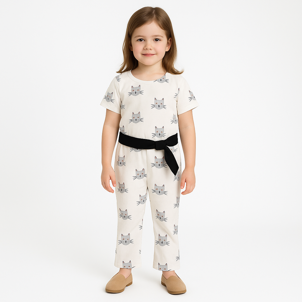 Girls Cotton Jumpsuit – Cat Print with Belt