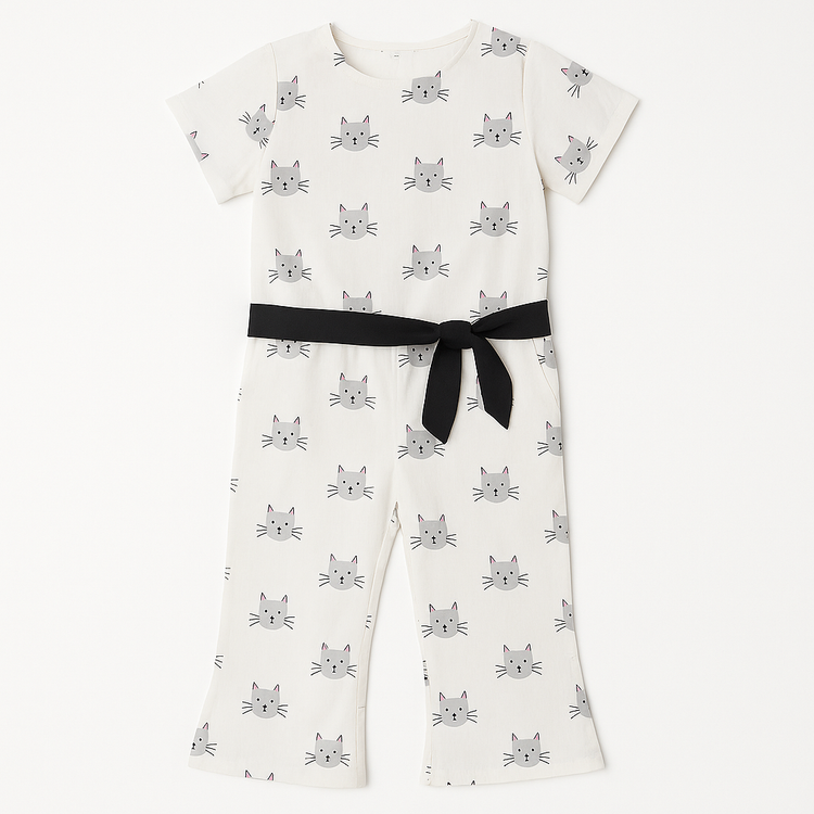 Girls Cotton Jumpsuit – Cat Print with Belt