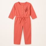 Coral Pink Belted Girls Jumpsuit with Embroidery
