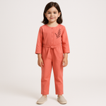 Coral Pink Belted Girls Jumpsuit with Embroidery