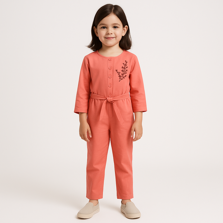 Coral Pink Belted Girls Jumpsuit with Embroidery