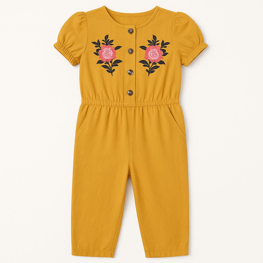 Mustard Floral Embroidered Jumpsuit for Girls
