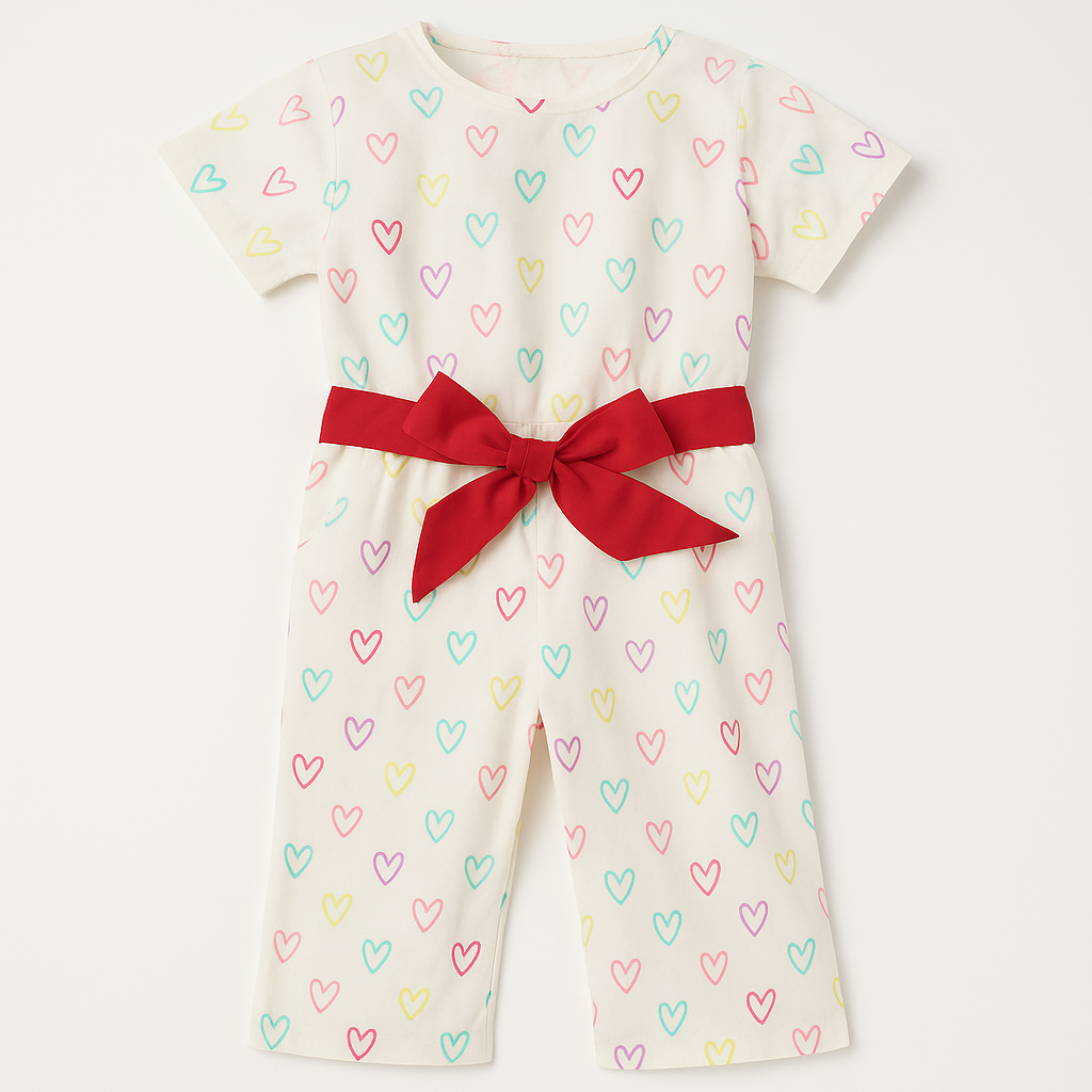 🎀 Rainbow Hearts Jumpsuit with Bow Belt – Girls